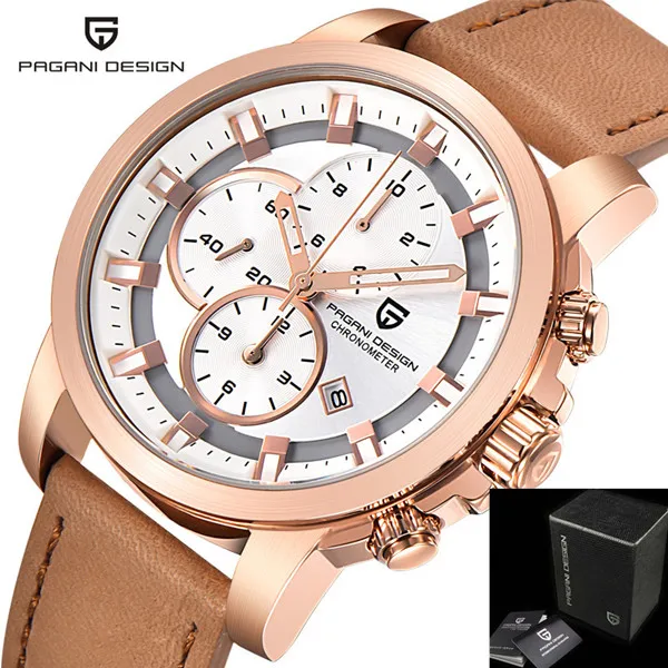 gold brown PAGANI хронограф повседневные часы мужские роскошные брендовые кварцевые, армейские, спортивные часы из натуральной кожи мужские наручные часы Relogio Masculino - Цвет: gold brown