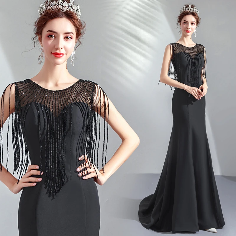 Luxury beaded evening dress black noble mermaid prom graduation party gowns bridal shower formal Vestido de noiva | Свадьбы и