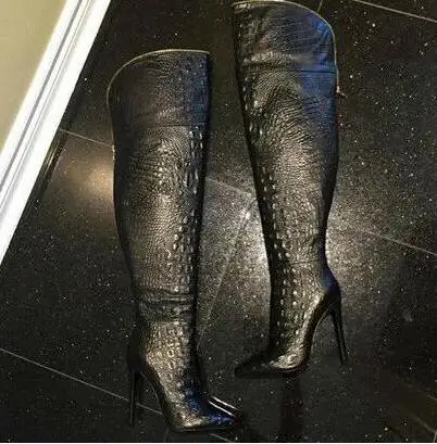 as picture Botas Mujer; сапоги до бедра со змеиным принтом; женские высокие сапоги на высоком каблуке с молнией сзади; Зимние Сапоги выше колена с острым носком - Цвет: as picture