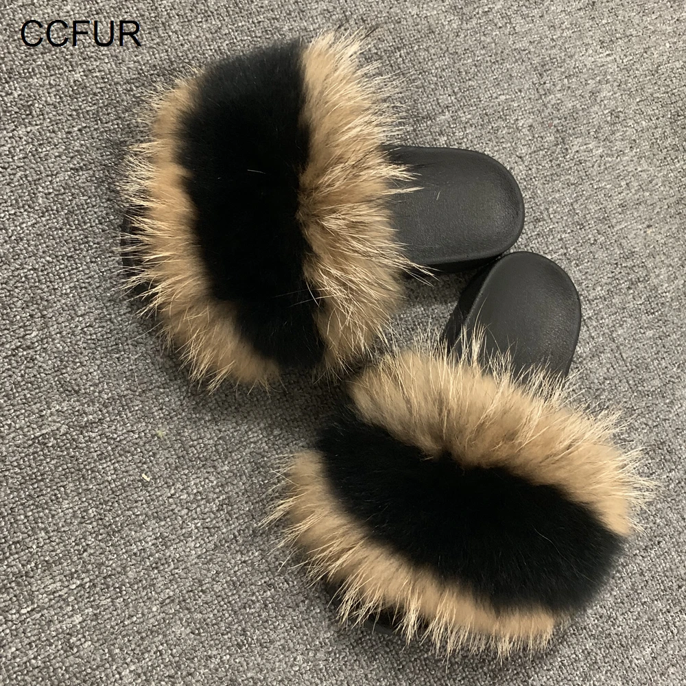 CCFUR New Colors Summer Slides Women's Real Fox Fur Slippers Fluffy Fur Sliders Mixed Color Fashion Lady S6048