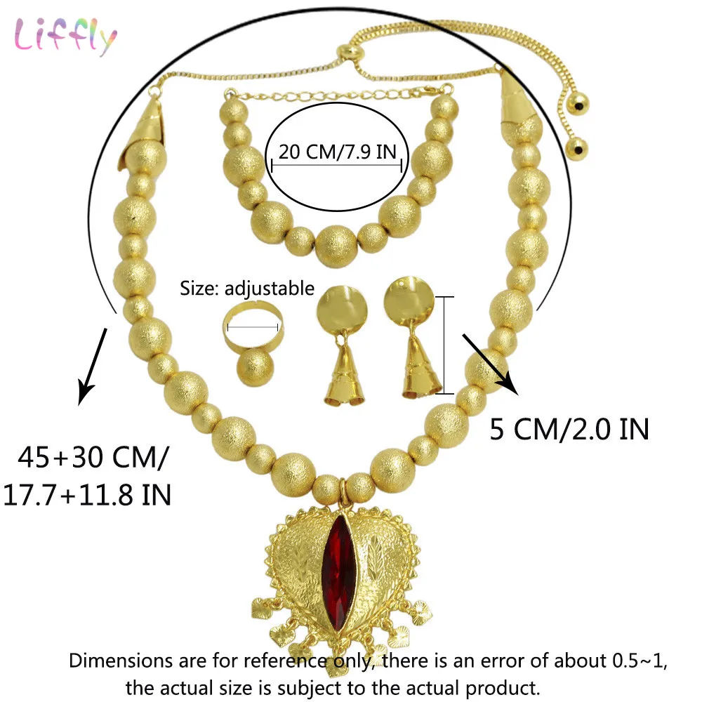 

Liffly Dubai Gold Jewelry Sets African Beads Jewelry Set Women Turkish Bridal Wedding Crystal Heart Necklace Earrings