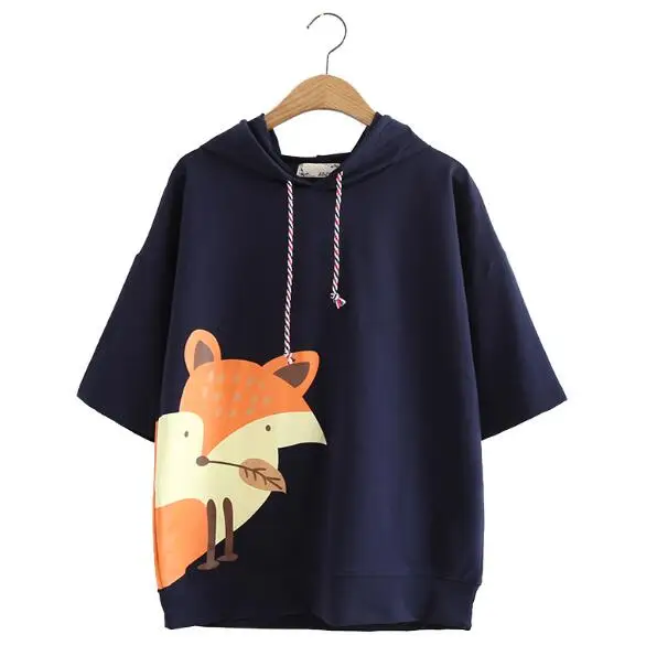 Женская футболка с капюшоном и коротким рукавом принтом лисы|tee top|top teestop women |