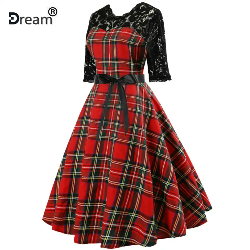 Осеннее кружевное Ретро винтажное платье облегающее клетчатое повседневное