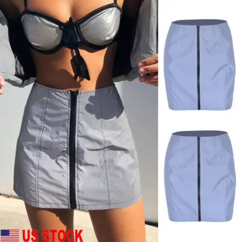 Сексуальные Светоотражающие юбки женские молнии спереди мини юбка высокая талия