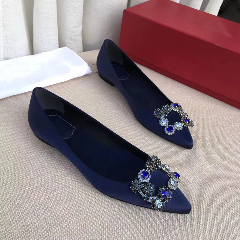 Elegant Dress Shoes Woman Pointed Toe Flats Crystal Boat Women Satin Slip On Flat Summer Blue Red Black | Обувь