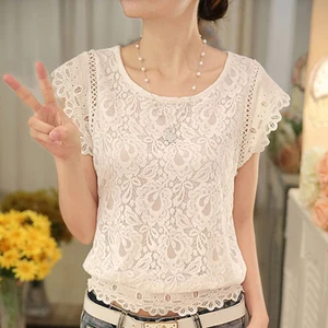 Блузка женская шифоновая с коротким рукавом, кружевная блузка с расклешенным круглым вырезом и вышивкой, белая Повседневная тонкая рубашка, на лето