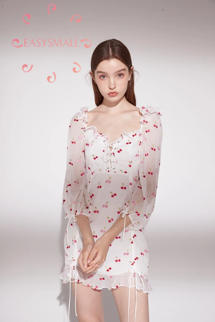 Женское платье с рукавами-фонариками EASYSMALL летнее высокой талией вишневым