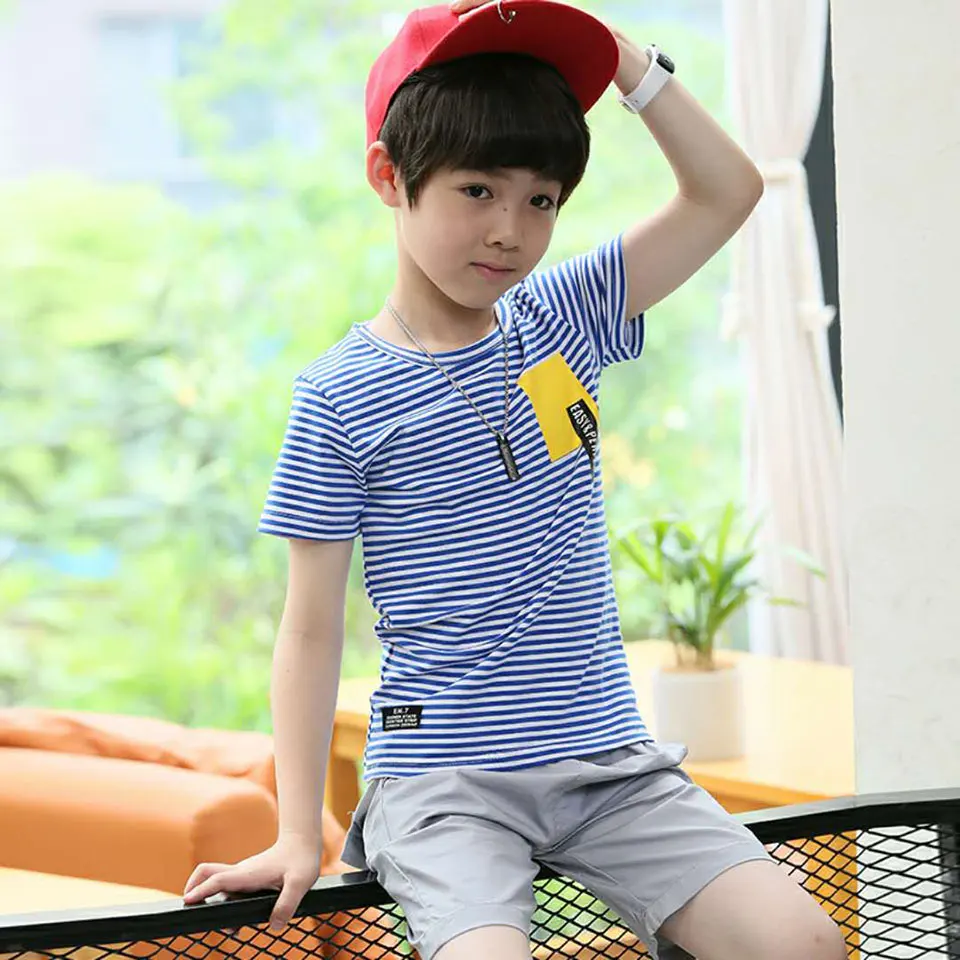 Летняя одежда для мальчиков Новые повседневные комплекты одежды детей футболка