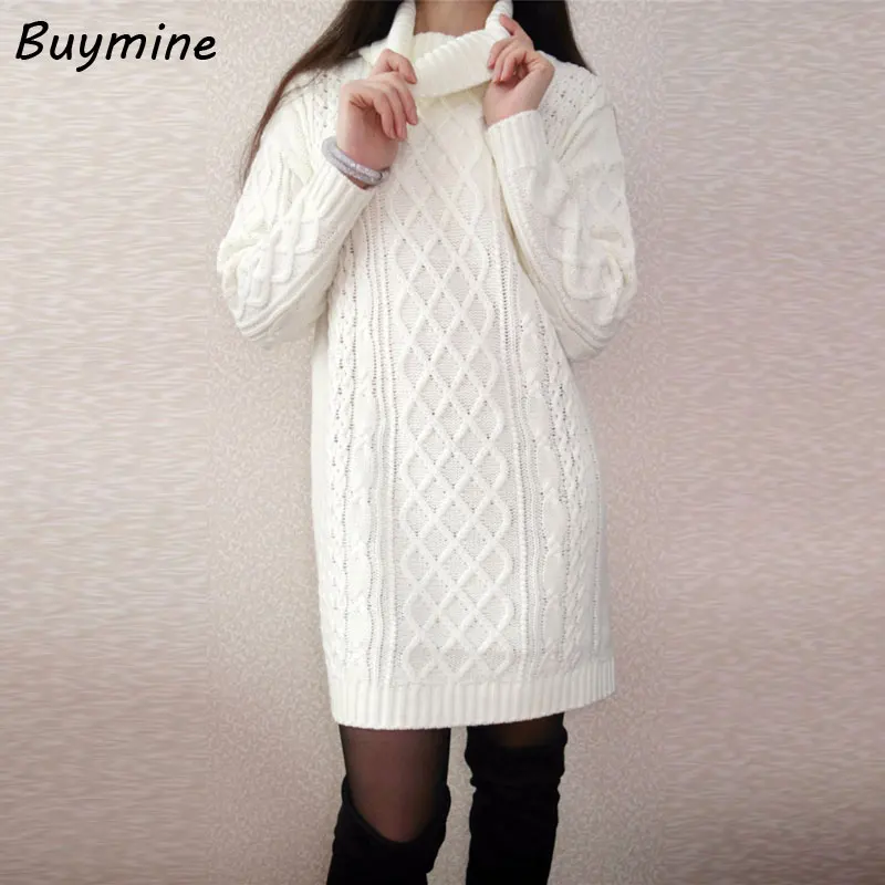 Knitted Winter Warm Dress 2017 Women Turtleneck Sweater White Dresses With Long Sleeve | Женская одежда