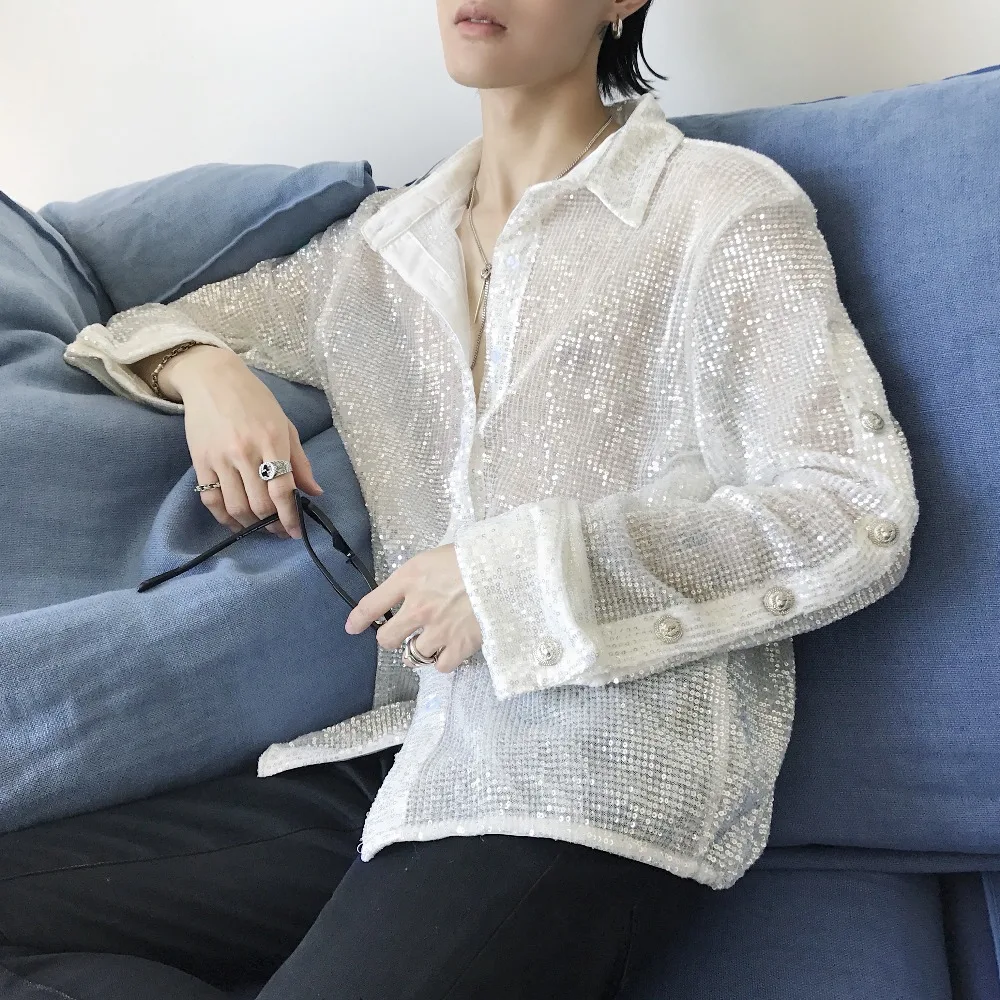 2018 New men's clothing Hair Stylist GD Fashion Show personality Sequins Shirt plus size Stage Singer costumes | Мужская одежда