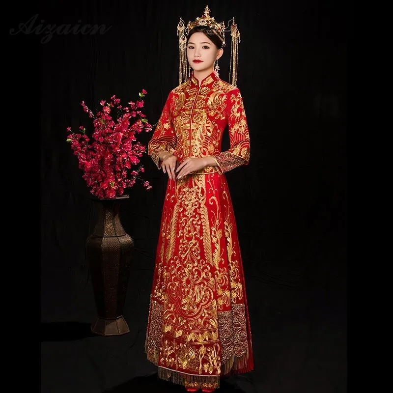 Chinese Traditional Dress Qipao Red Long Sleeve Cheongsam Embroidery Oriental Dresses Wedding Gowns Robe Orientale Vestido Chino |