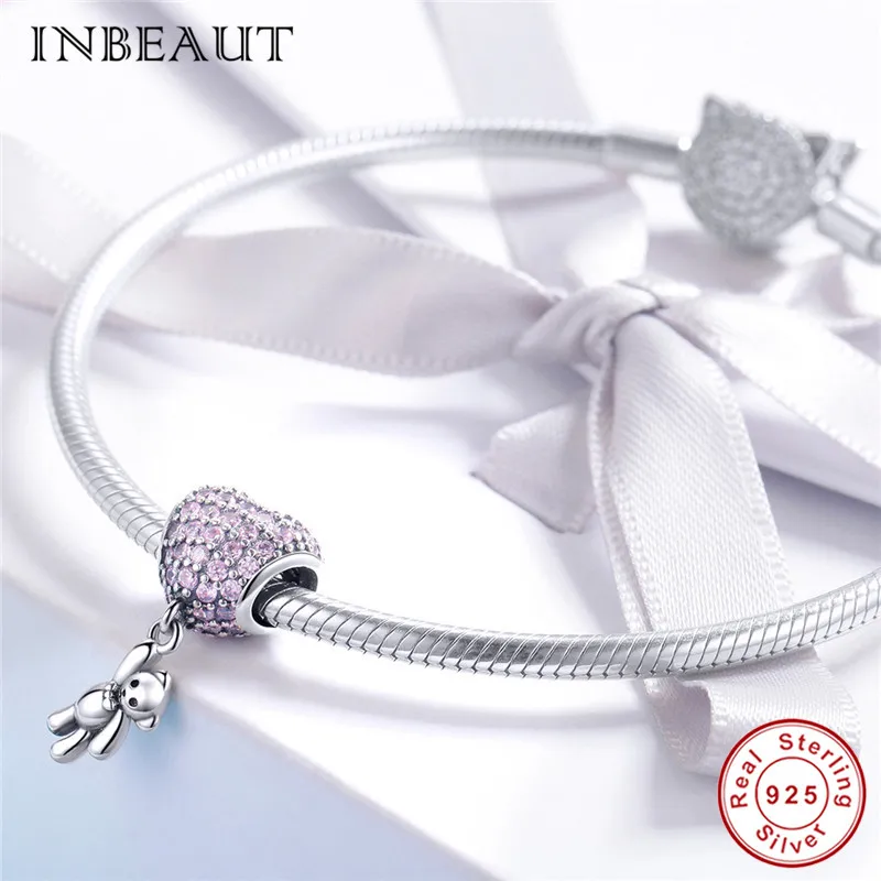 INBEAUT 100% 925 пробы серебряный розовый фианит сердце горячий шар медведь бусины