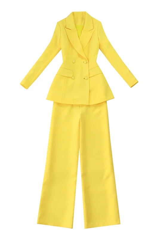 

Large size women's new yellow waist double breasted long suit waist high waist wide leg pants suit