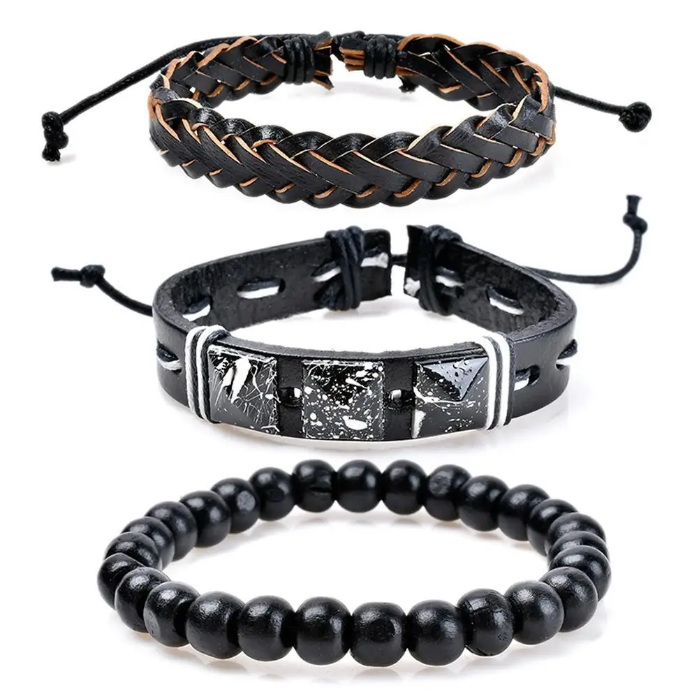 3 Pcs/set Wrap Leather Design Multi Layer Braided Bracelets Bangle Jewelry Women Men Bracelet Black Chains | Украшения и