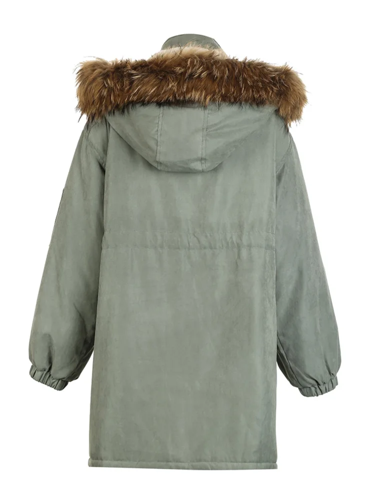ONLY Women's Raccoon Fur Collar Cinched Waist Long Cotton Coat |118122501