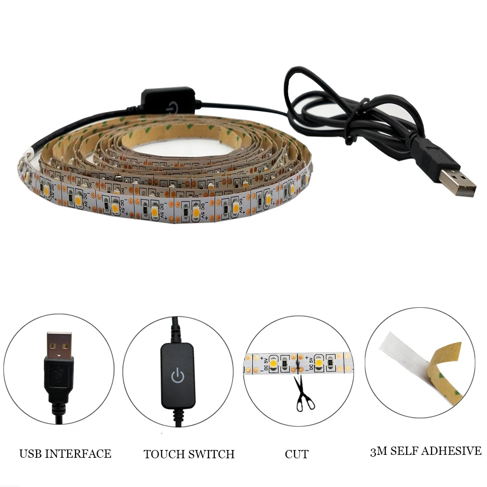 Сенсорный выключатель USB Светодиодная лента светильник 2835 SMD DC5V гибкая 1 м 2 3 4 HD ТВ