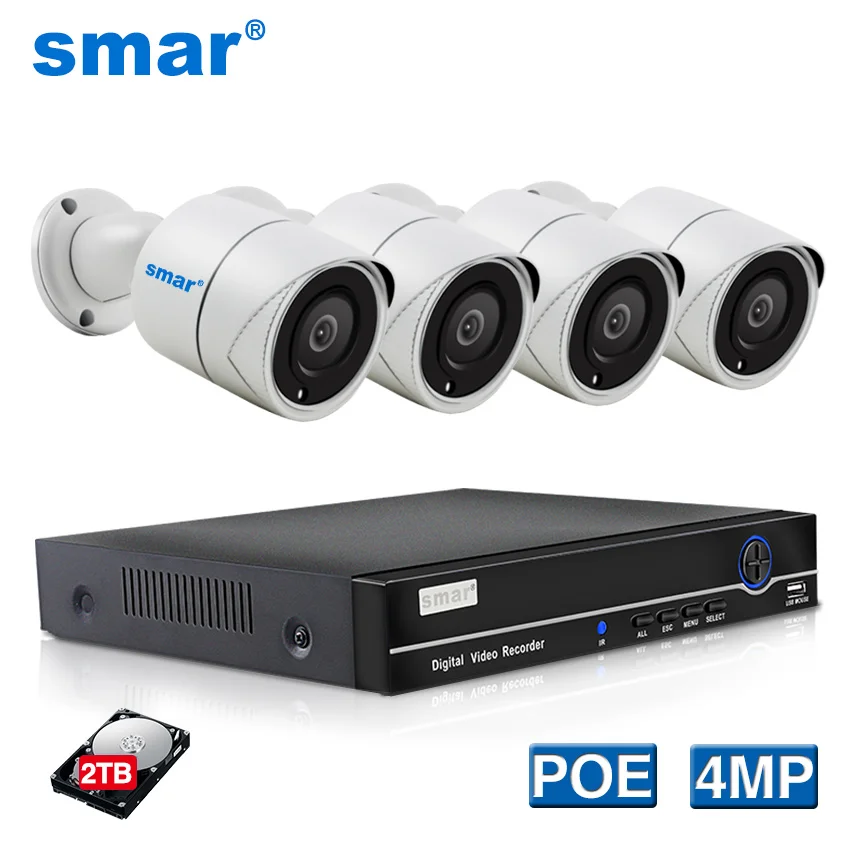 Smar 4CH 4MP POE NVR Kit IP Камера CCTV Системы HDMI безопасности H.265 открытый металлический