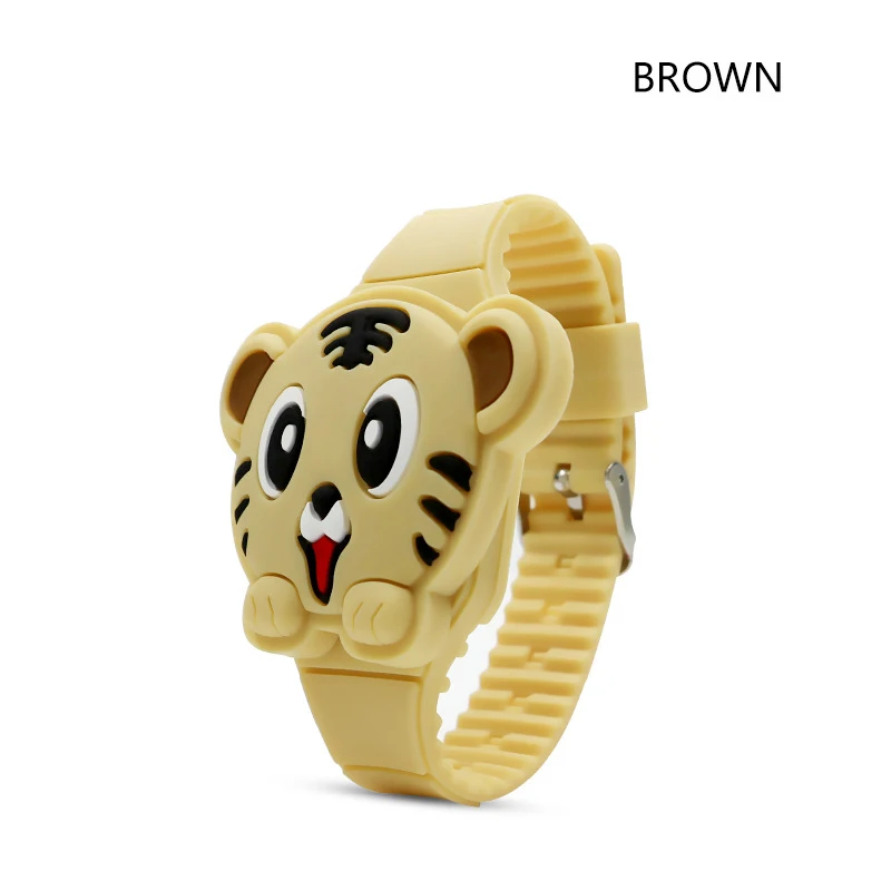 Brown JOYROX откидная крышка 3D тигр мультфильм электронные детские часы Цифровые Детские часы резиновые для мальчиков девочек студенческие Детские часы enfant - Цвет: Brown