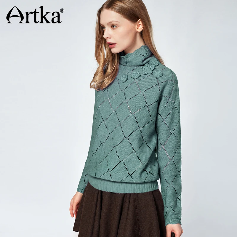 ARTKA Women's Winter Vintage Knitting Wollen Turtleneck Solid Color Sweater Pullover YB14477D | Женская одежда