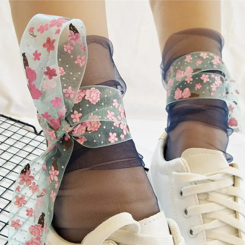 [EIOISAPRA] кружевные ультратонкие прозрачные пикантные носки с цветочным принтом