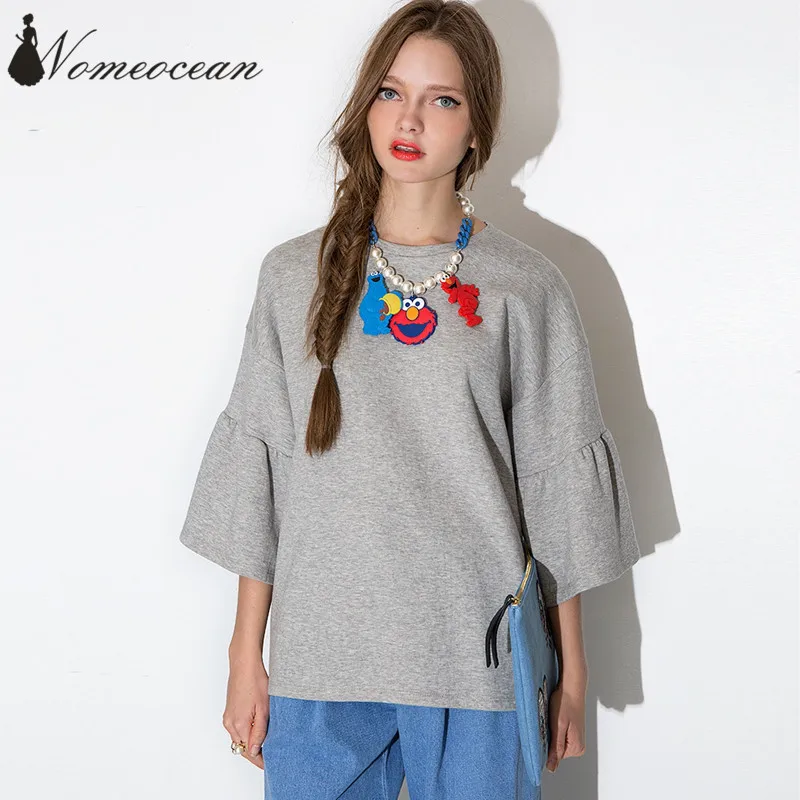 Clearance Gray Loose 3/4 Sleeve T-shirt Solid Color Basic Tee Slit Sweep Fashion Street Women T-shirts Tops of M17081701 | Женская