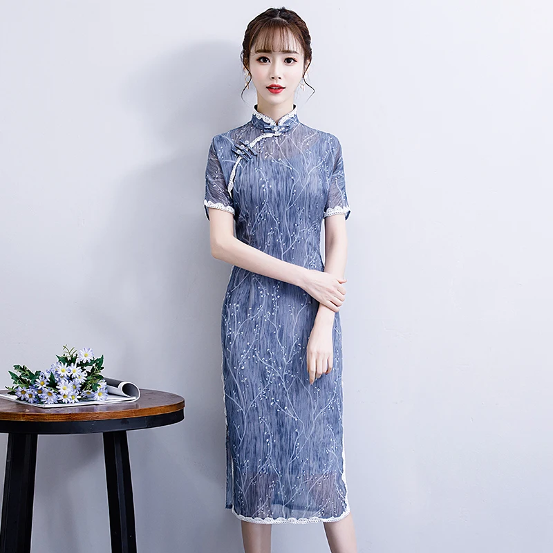 

S-3XL Women short Cheongsam Vintage Chinese style Knee Length Dress 2019 Fashion Chiffon Qipao Slim Party Dresses Button Vestido