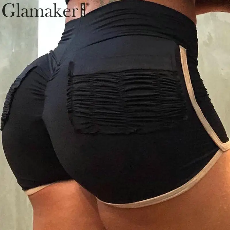 Женские шорты с высокой талией Glamaker черные облегающие красной баской и карманами