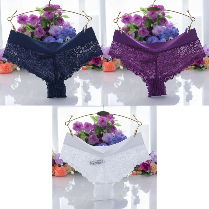 blue purple white TEXIWAS, 3 шт./лот, сексуальные женские кружевные трусики-стринги, хлопковые Crtoch трусы, нижнее белье, женские прозрачные дышащие стринги, нижнее белье - Цвет: blue purple white