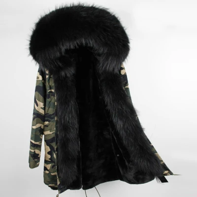 OFTBUY, Повседневная Зеленая зимняя куртка, Женская парка, пальто с натуральным мехом енота, большой воротник, парка с капюшоном, теплая верхняя одежда - Цвет: long camo black