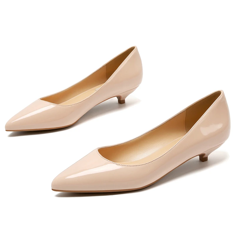 Spring Genuine Leather Pumps Women Classic Low High Heels White Nude Color Work Pointed Toe Office Dress Shoes For Female E0007