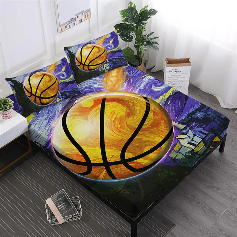 Colorful Oil Painting Basketball Sheet Set Cartoon Sports Design Bed Linens Flat Deep Pocket Fitted Pillowcase | Дом и сад