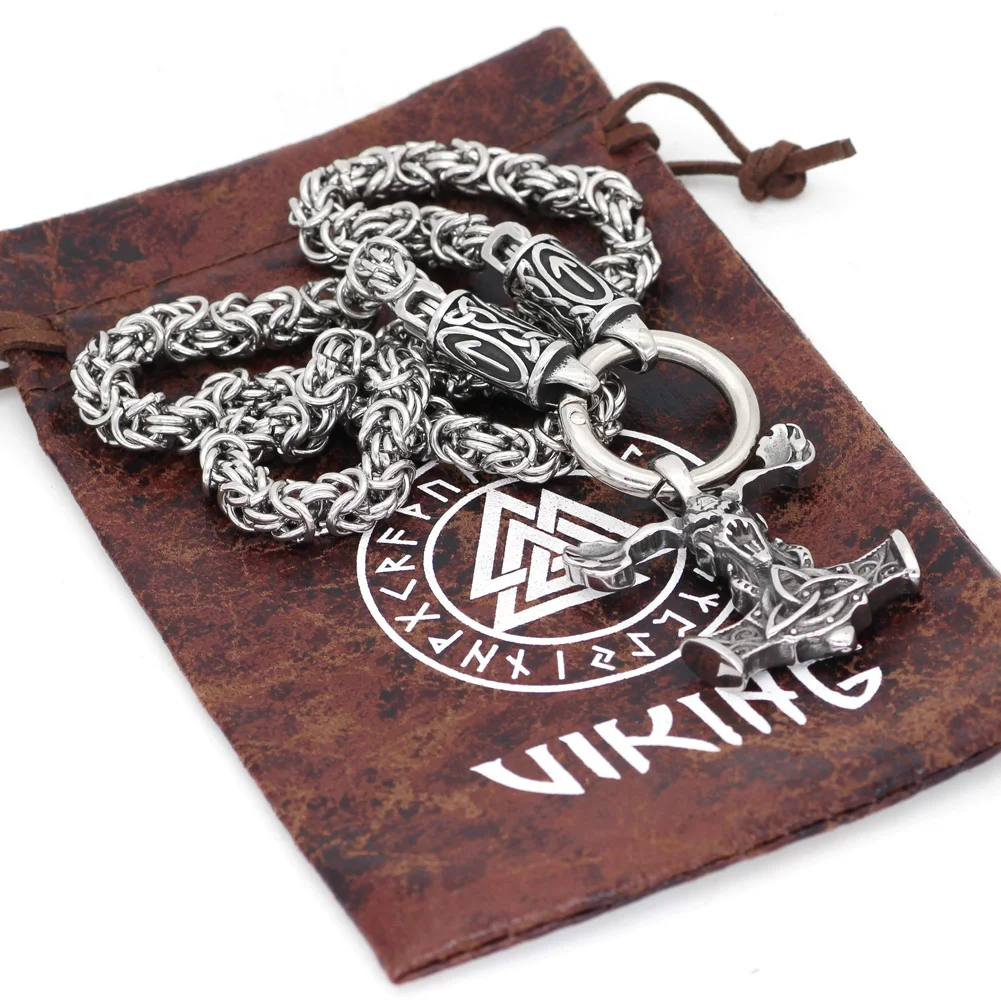 Nordic viking rune with knot thor hammer Talisman MJOLNIR pendant necklace stainless steel -king chain valknut gift bag |