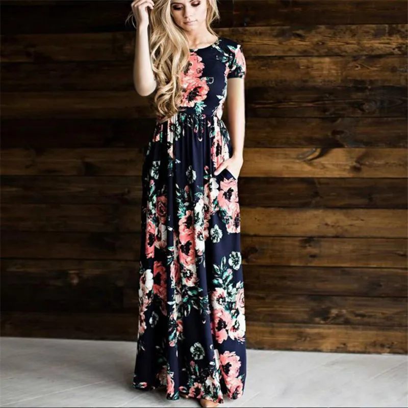 Женское длинное Макси платье 2019 летнее пляжное с цветочным принтом Boho коротким