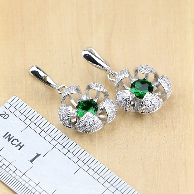 Зеленый циркон белый CZ Бусины Ювелирные наборы цветок серебро 925 ювелирные