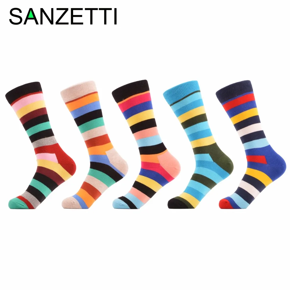 SANZETTI 5 пара/лот Для мужчин Красочные Полоса мягкий теплый дышащий хлопок Смешные Экипажа Носки Дизайн Носки
