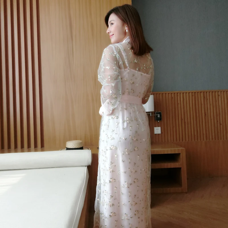 Женская шелковая ночная рубашка с цветочной вышивкой комплект из 2