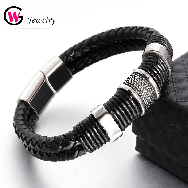 Мужской кожаный браслет стильный плетеный из нержавеющей стали с защитной