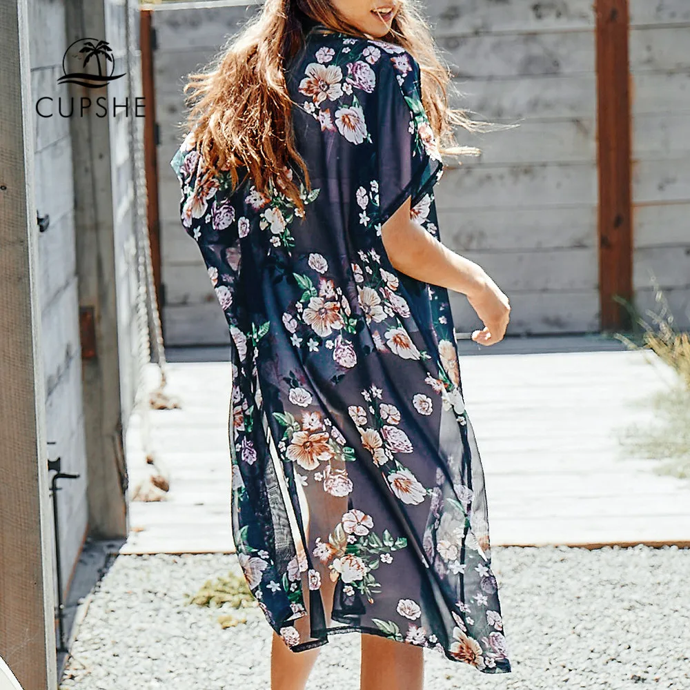 CUPSHE темно синий цветочный принт короткий рукав прикрытие Сексуальная Пляжная