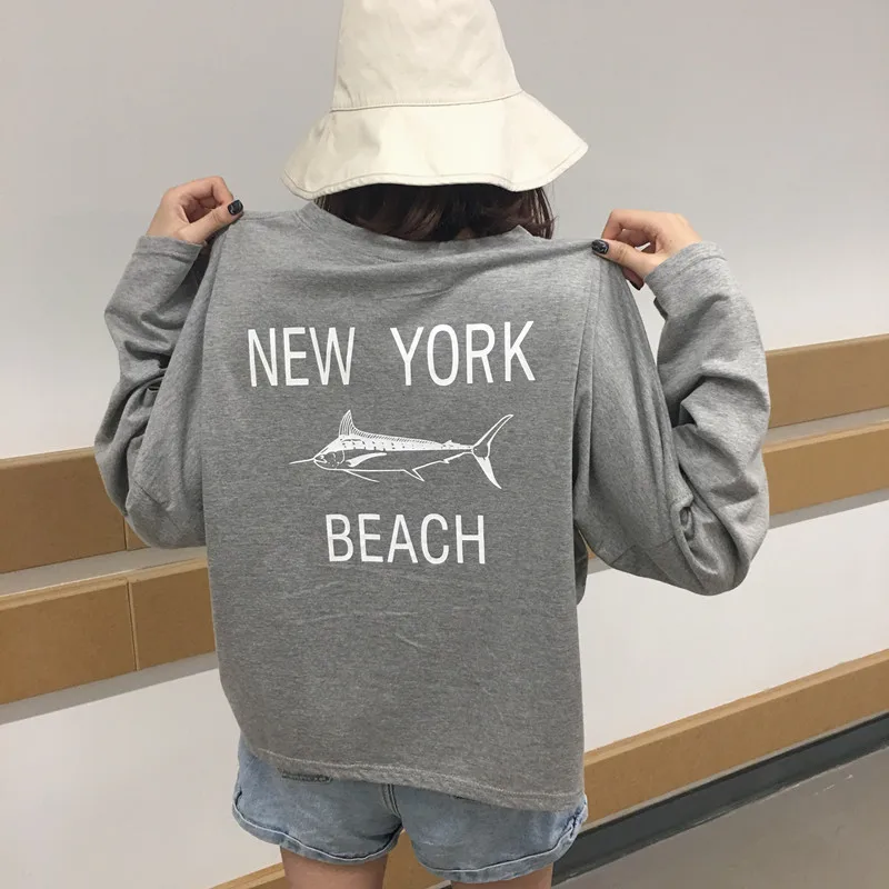 Camiseta Mujer, Новинка осени, Корейская футболка Ulzzang Harajuku с длинным рукавом и принтом акулы, свободная футболка с круглым вырезом для женщин, повседневные футболки