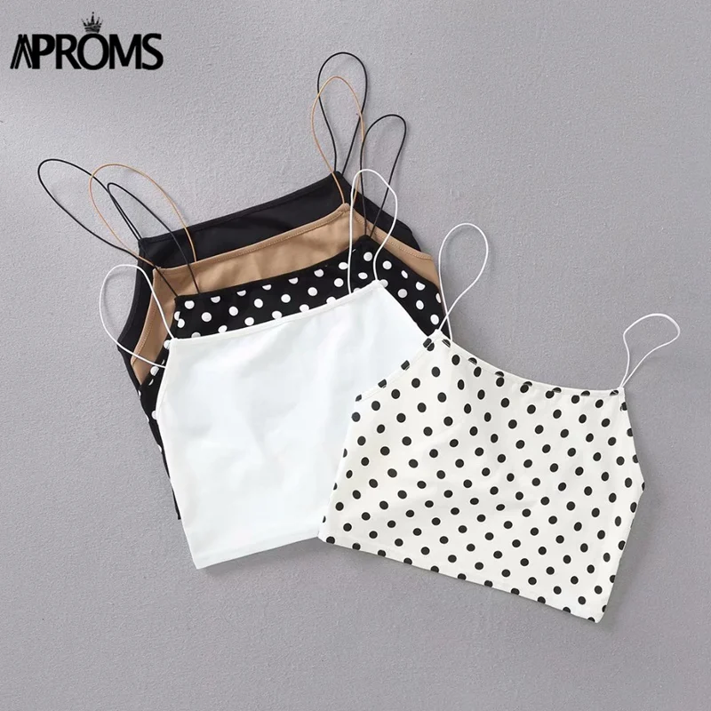 Aproms Винтаж в горошек майки Для женщин летние сексуальные низкой Back Crop Top женский ремень белый основной Топы бретели футболки
