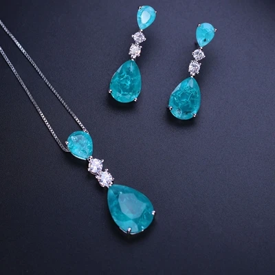Green-white plated Newranos серьги-гвоздики в форме капли воды и ожерелье с кулоном, вечерние Ювелирные наборы, подарок для женщин SFX003912 - Окраска металла: Green-white plated
