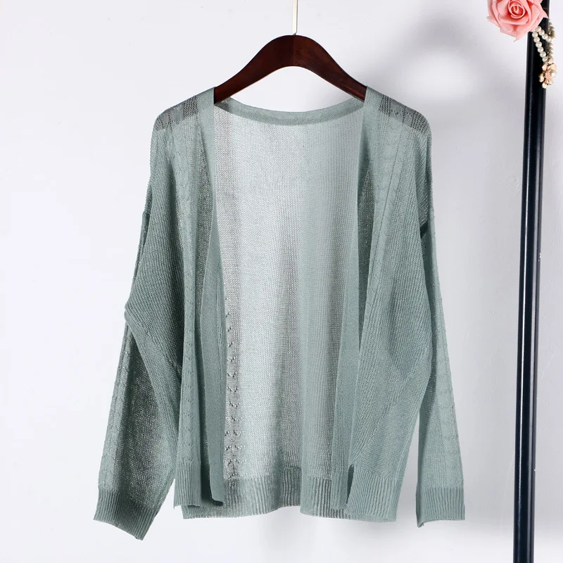 Shuchan Linen Cardigans Women Open Stitch Computer Knitted V-neck Office Lady Hollow Out Thin Cardigan Female Cddm-603 |