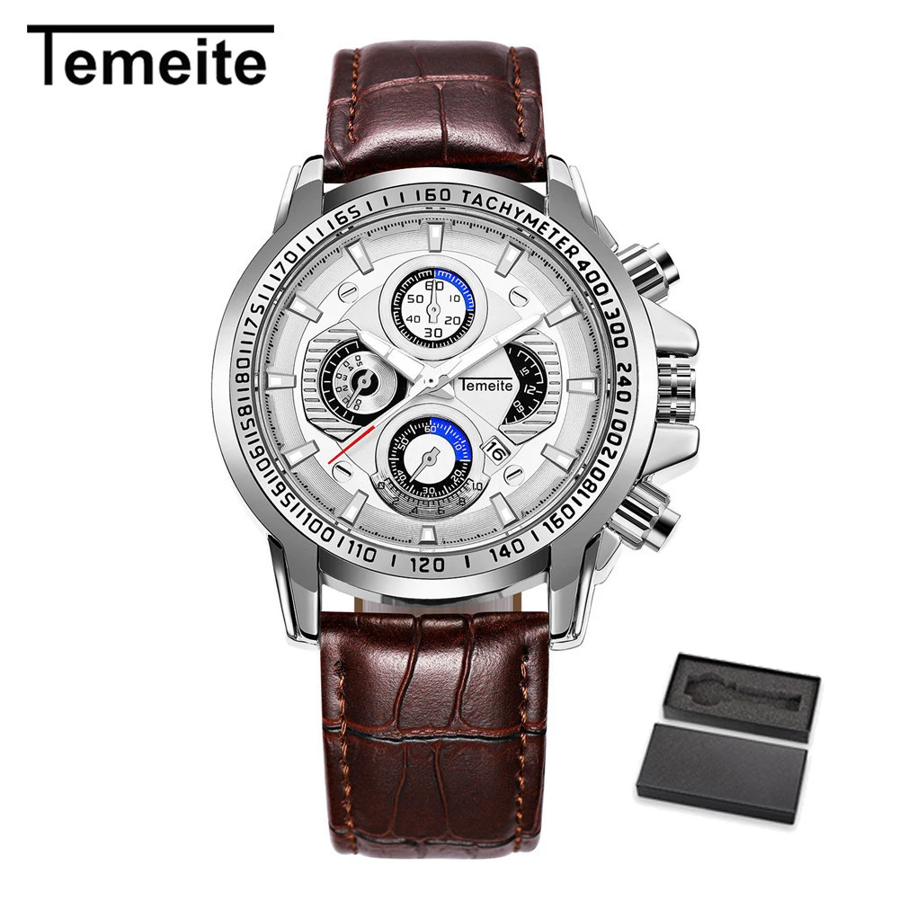 TEMEITE 4 with box Лидирующий бренд мужские большой уникальный дизайн кварцевые часы роскошные золотые кожаные Наручные часы водонепроницаемые мужские часы с календарем Relogio TEMEITE - Цвет: TEMEITE 4 with box