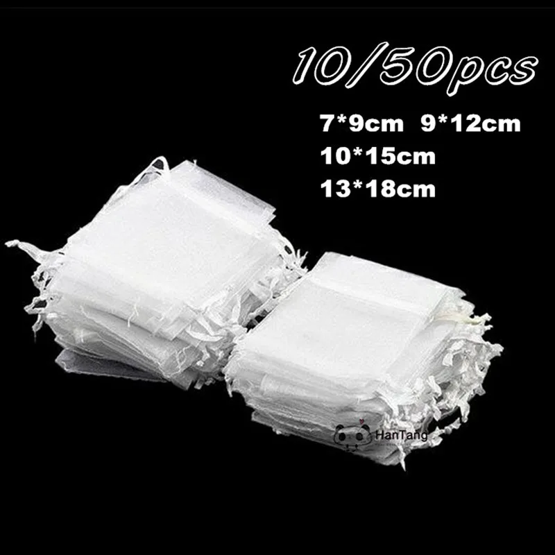 Белые 50/10 шт 7x9 9x12 13x18 см сумки из органзы ювелирные изделия подарок Pounch Свадебные