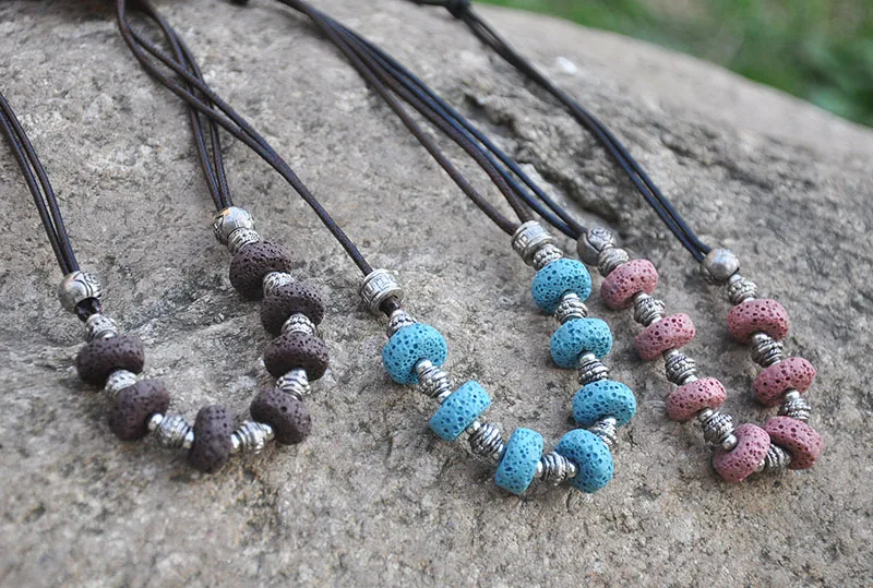 Мода Лава камень Бусины кулон веревки Цепочки и ожерелья природы камня ручной