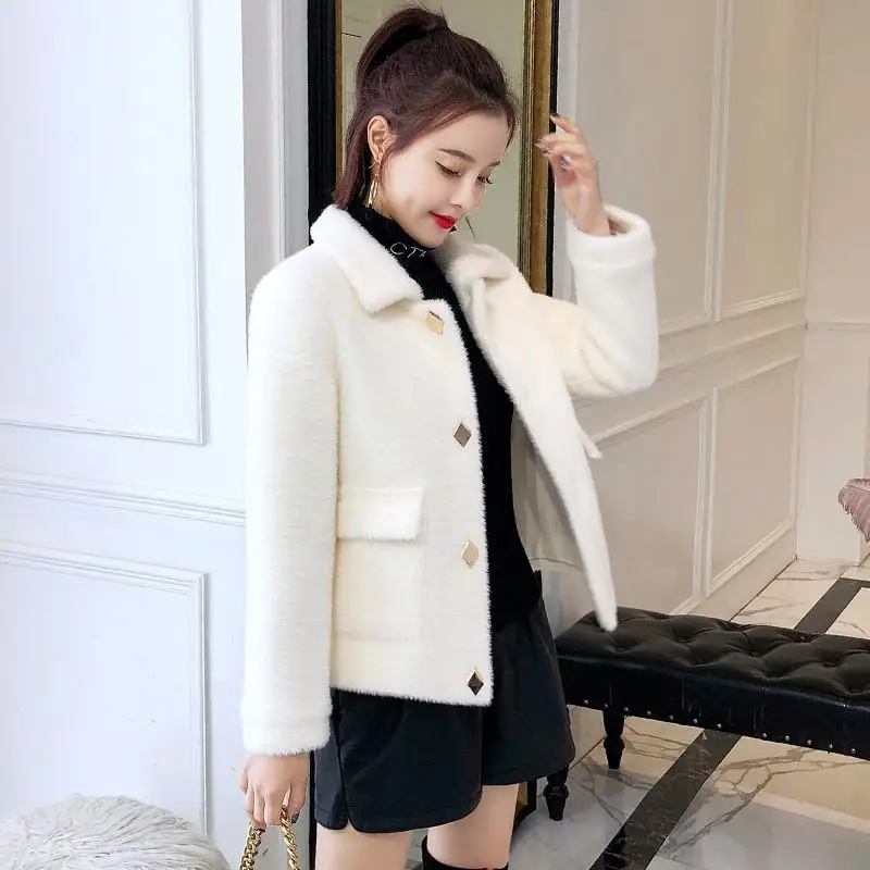 Женский трикотажный кардиган короткий жакет из искусственной норки на пуговицах