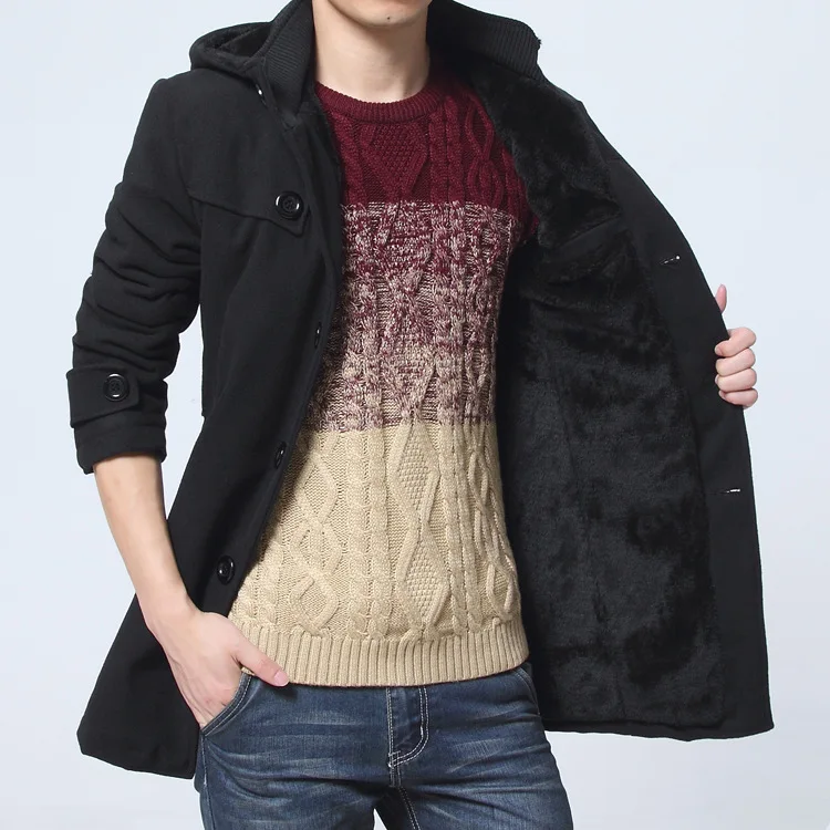 Мужское шерстяное пальто с капюшоном утепленное длинное бархатной подкладкой