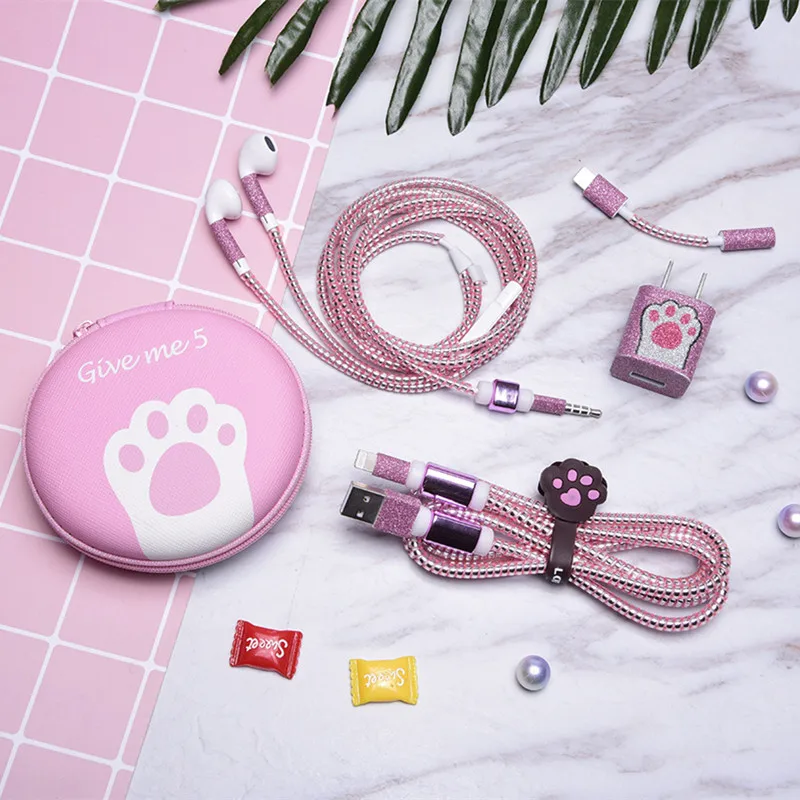 New Cartoon USB Cable Earphone Protector Set With Box Winder Stickers Spiral Cord For iPhone 7 6 6s 8 X | Электроника
