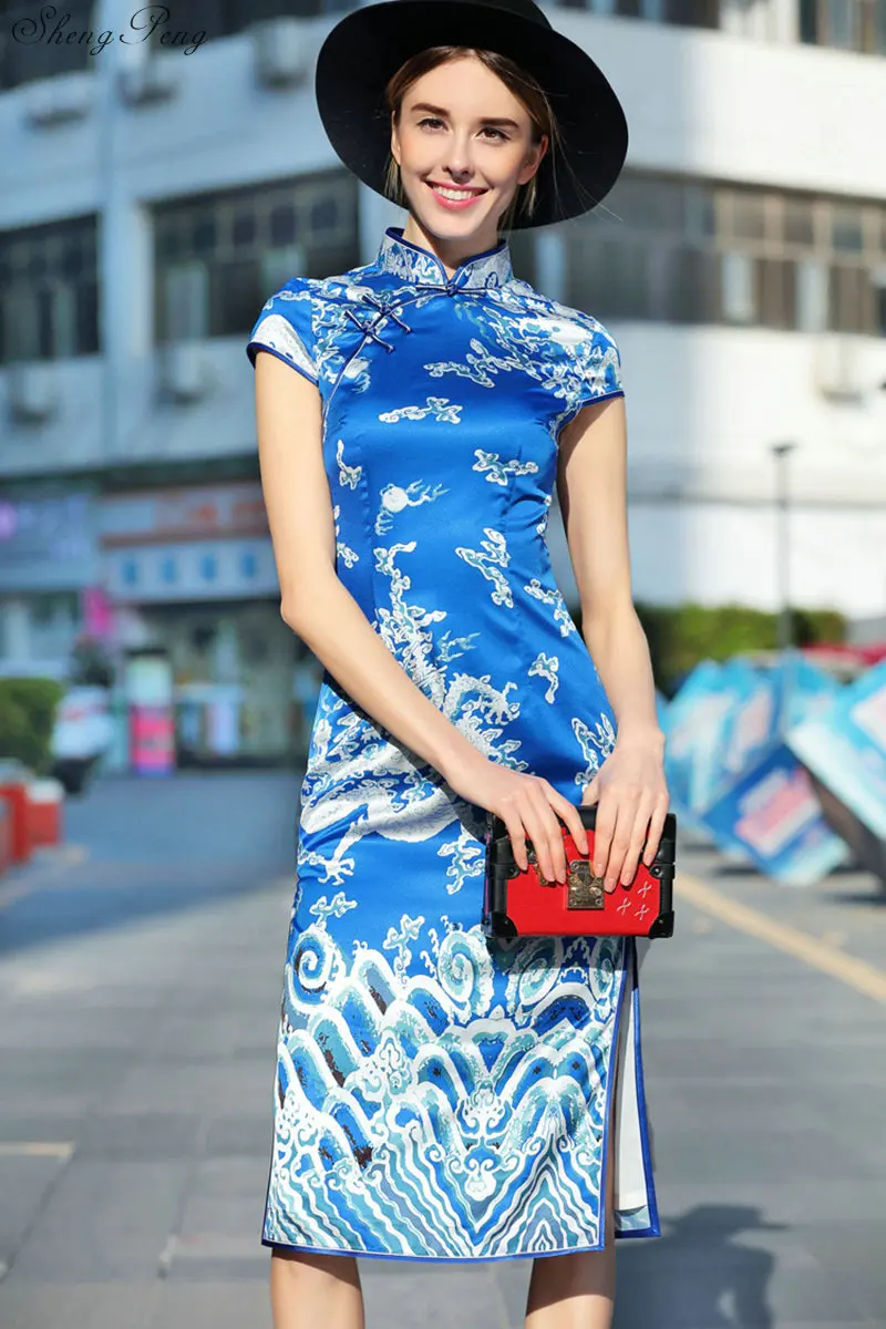 2018 Новое поступление синее китайское женское Ципао стиль Cheongsam традиционное