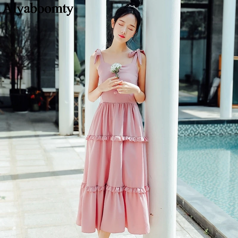 Mori Girl Летний женский длинный сарафан с оборками Бандажное платье без рукавов